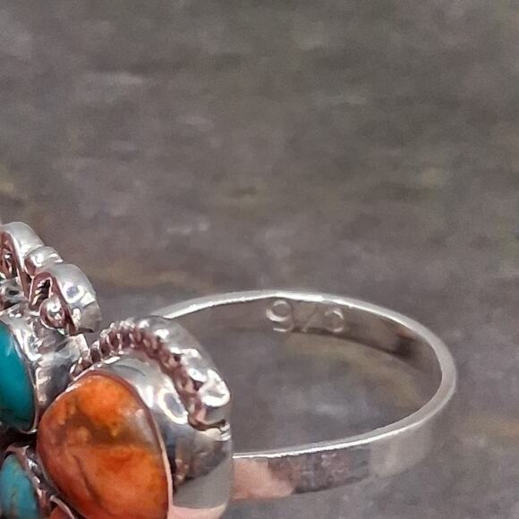 Southwestern Turquoise Spiny Oyster Ring Size 6-9 Butterfly Sterling Silver - Picture 10 of 10